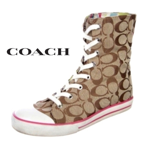 COACH Bonney Poppy Signature Logo Foldover High Top Sneakers EUC - Picture 1 of 11